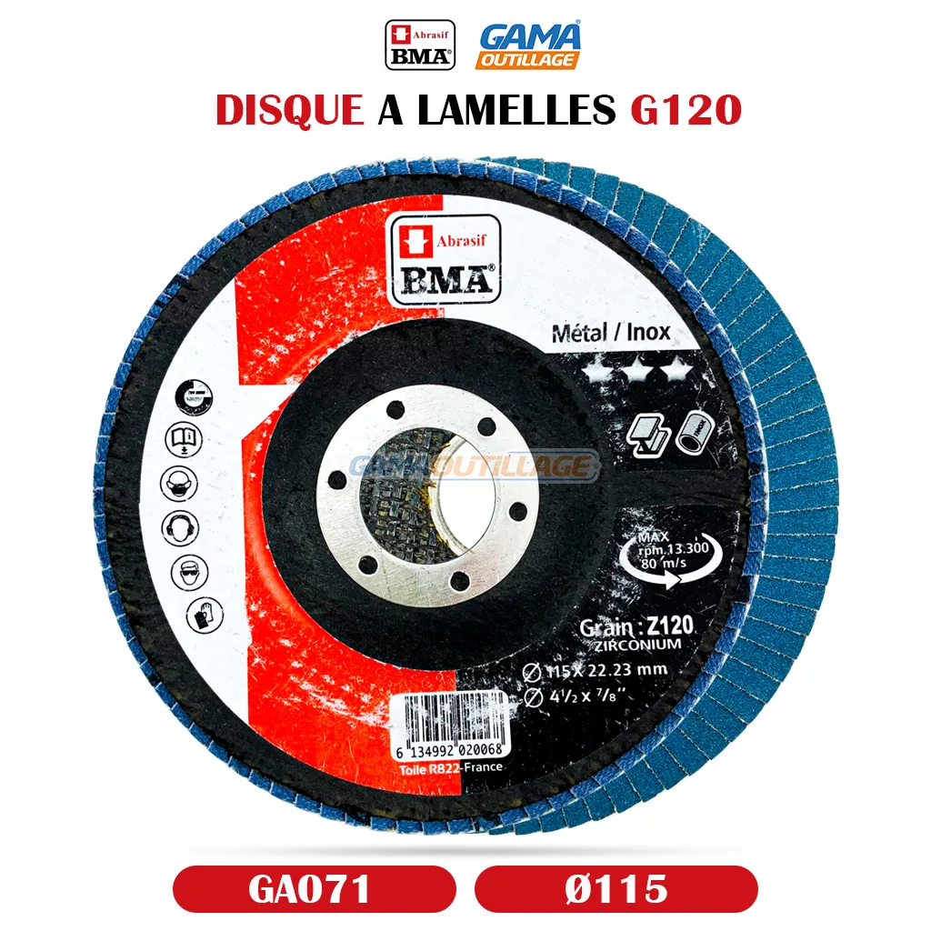 GA071-GAMAOUTILLAGE-CNC DISQUE A LAMELLES Ø115 G 120 INOX BMA