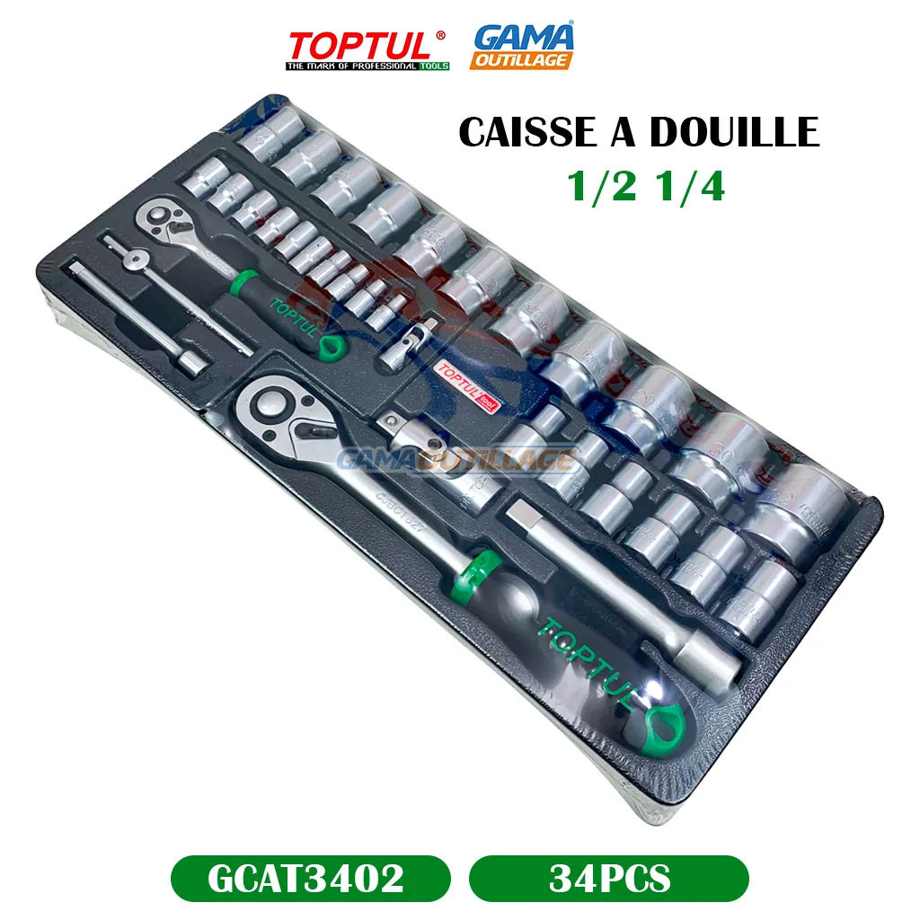 KIT A DOUILLE 1/2" 1/4" 34PCS 6PANS TOPTUL – Image 3