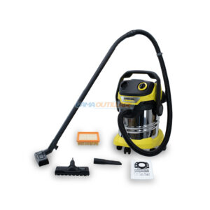 Aspirateur eau et poussière Kärcher WD5 inox 25L avec accessoires, filtre plat, suceur long et buse sol – photo GAMA OUTILLAGE