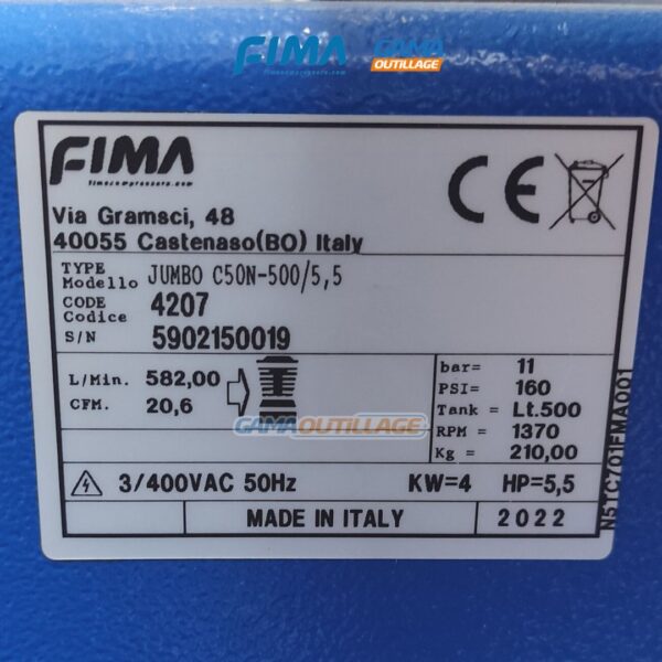 COMPRESSEUR 500L HP5.5 380V FIMA