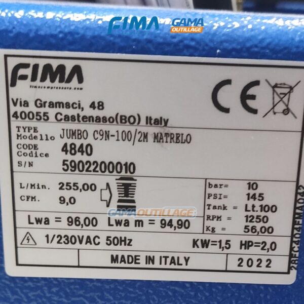 COMPRESSEUR 100L HP2 220V FIMA