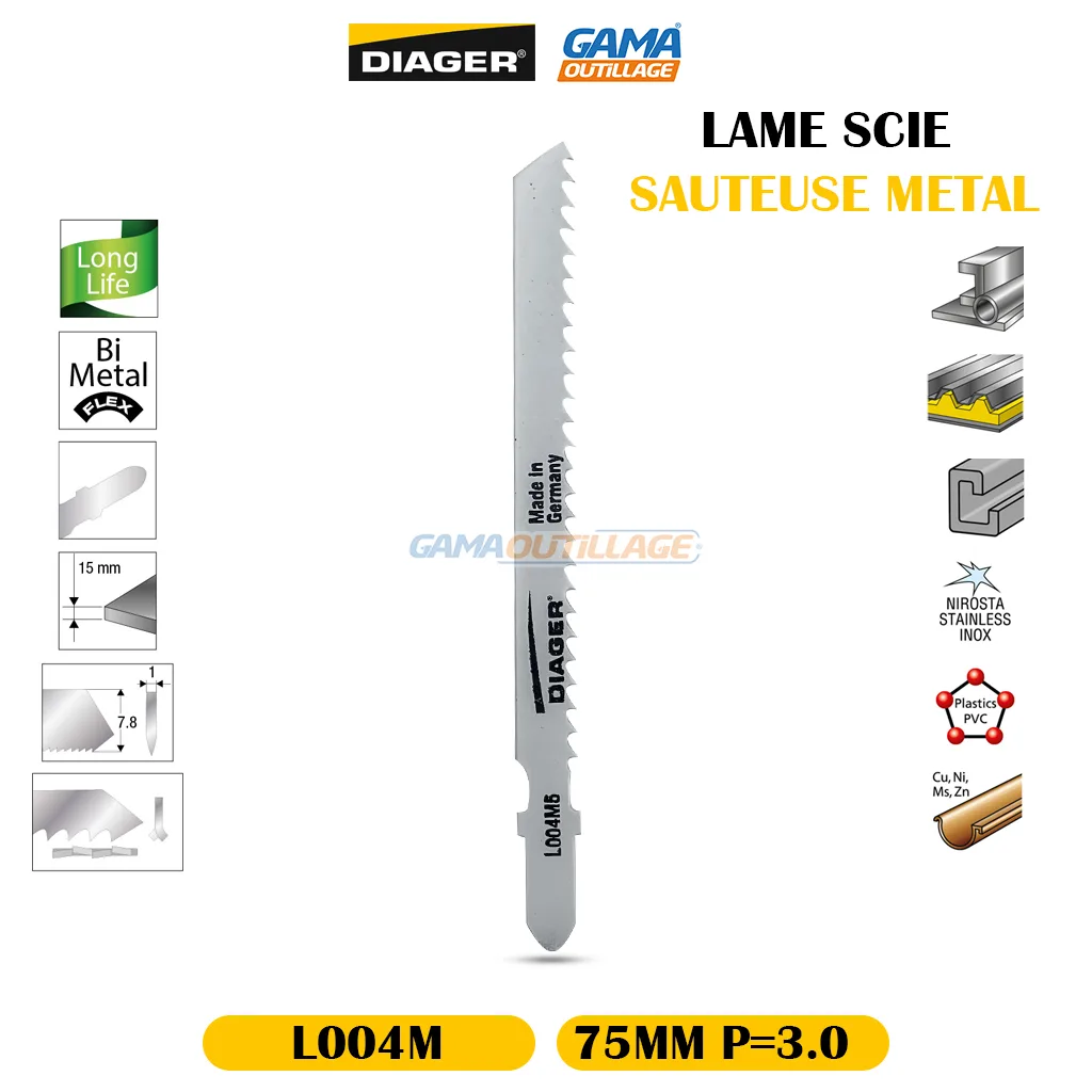 L004M-GAMAOUTILLAGE-CNC LAME SCIE SAUTEUSE METAL 75MM P=3.0 DIAGER