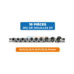 Jeu de douilles 1/2 pouce 10 pièces sur rail – tailles : 10, 11, 12, 13, 14, 15, 17, 19, 21, 24 mm – finition chrome brillant