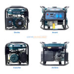 Générateur électrique HONESTPRO 4000W présenté sous quatre angles : avant avec panneau de contrôle, arrière avec moteur, côtés droit et gauche