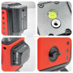 Détails du niveau laser SOFICLEF NLR-12 montrant batterie lithium, lentille laser, niveau à bulle et interrupteur