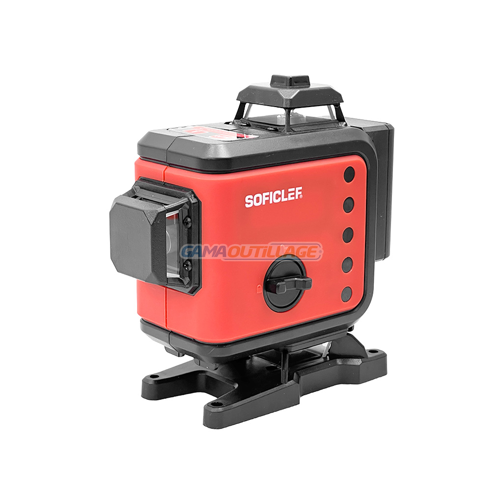 PRINCIPALE GAMA OUTILLAGE Niveau laser 12 lignes SOFICLEF NLR-12 avec base de fixation et niveau à bulle intégré sur fond blanc