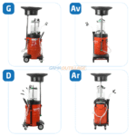 Aspirateur d'huile LAUNCH TOC-317 vu sous quatre angles : gauche, droite, avant et arrière avec flexibles et cuve transparente