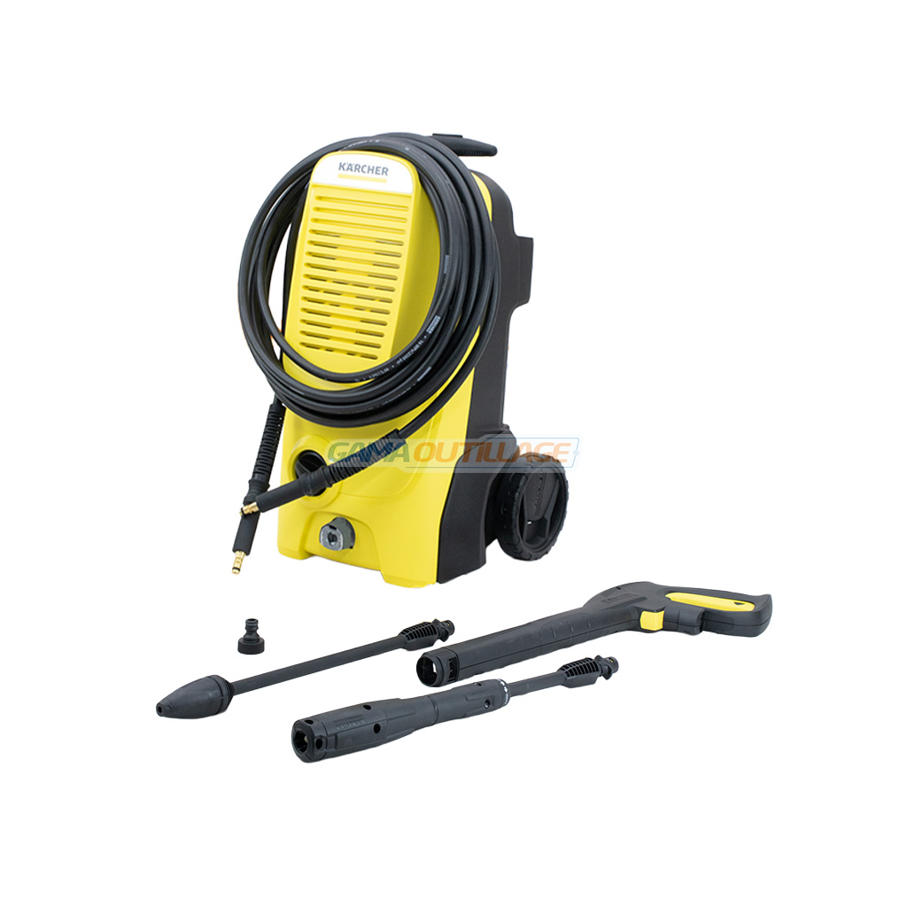 1 PRINCIPALE GAMA OUTILLAGE Nettoyeur haute pression Kärcher K5 Classic avec flexible 8 m, poignée-pistolet, lance Vario Power et lance Rotabuse posés devant la machine