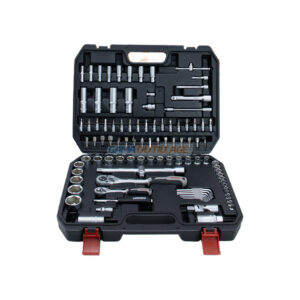 Coffret à douilles 100PCS Crown CPHSW-XB100 ouvert, avec douilles, cliquets, rallonges, embouts et clés hexagonales rangés dans une mallette noire.